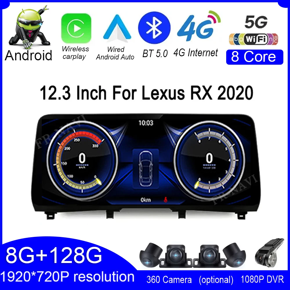 12,3 дюйма для Lexus RX 2020 Android 12 Автомобильный радиоприемник, Мультимедийный плеер, GPS-навигация, Интеллектуальная система автоматического воспроизведения видео, BT WIFI