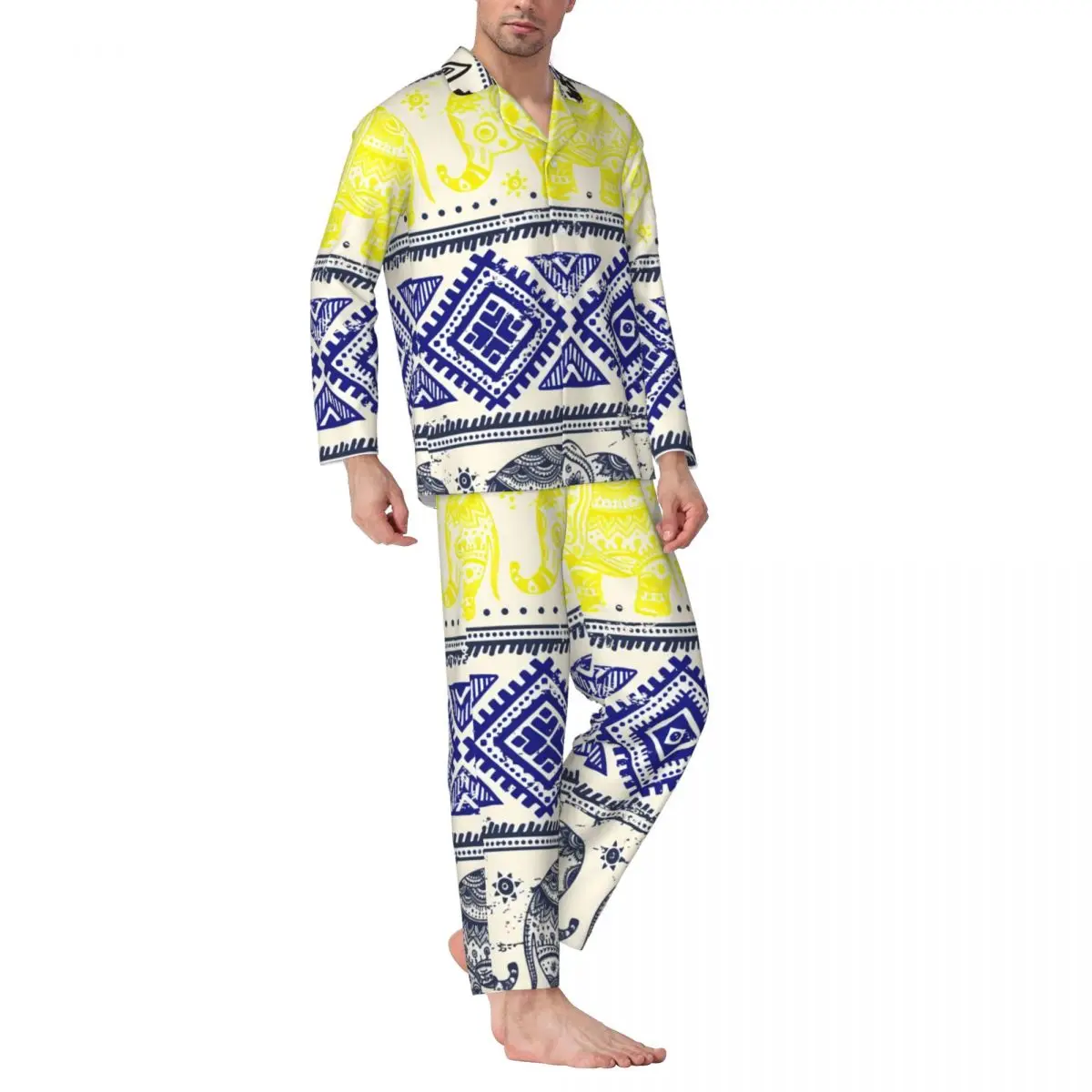 Винтажный Пижамный комплект с изображением Слона 80-х, Племенной Африканский Рисунок, Удобная Пижама Для мужчин С длинным рукавом, Повседневный Ночной домашний костюм из двух частей