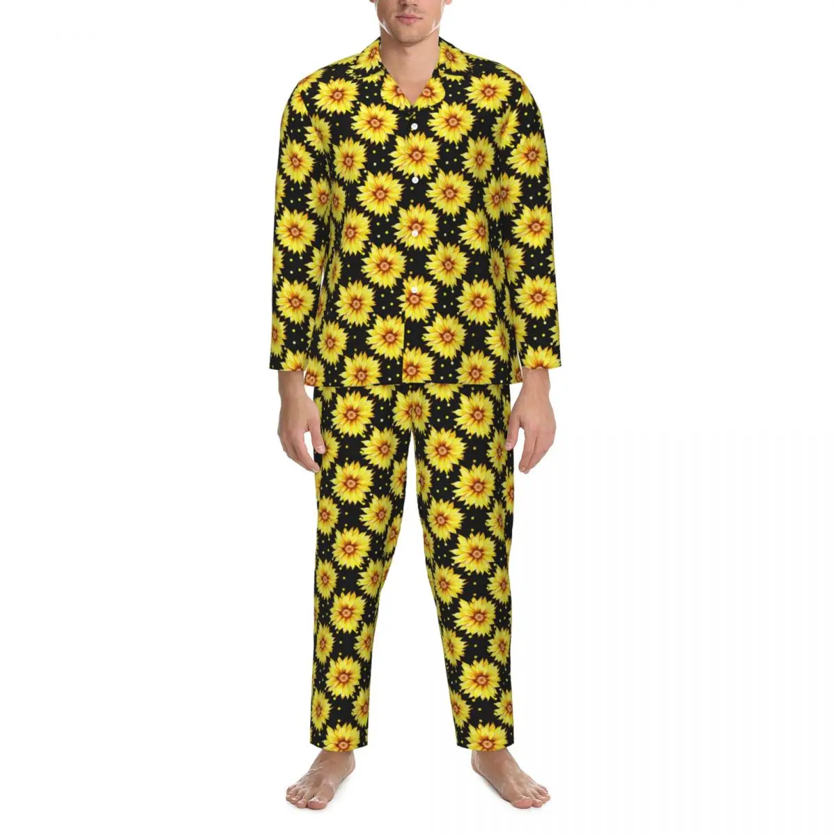 Пижамы для мужчин, пижамы для сна с подсолнухом, цветочный принт, повседневный свободный пижамный комплект из 2 предметов, длинные рукава, удобный домашний костюм большого размера