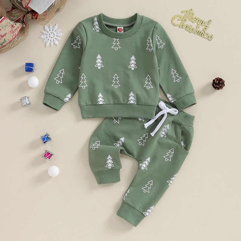 Рождественский наряд для маленьких мальчиков, толстовка с круглым вырезом и принтом в виде Рождественской елки, Топы и Брюки, Осенне-зимняя одежда