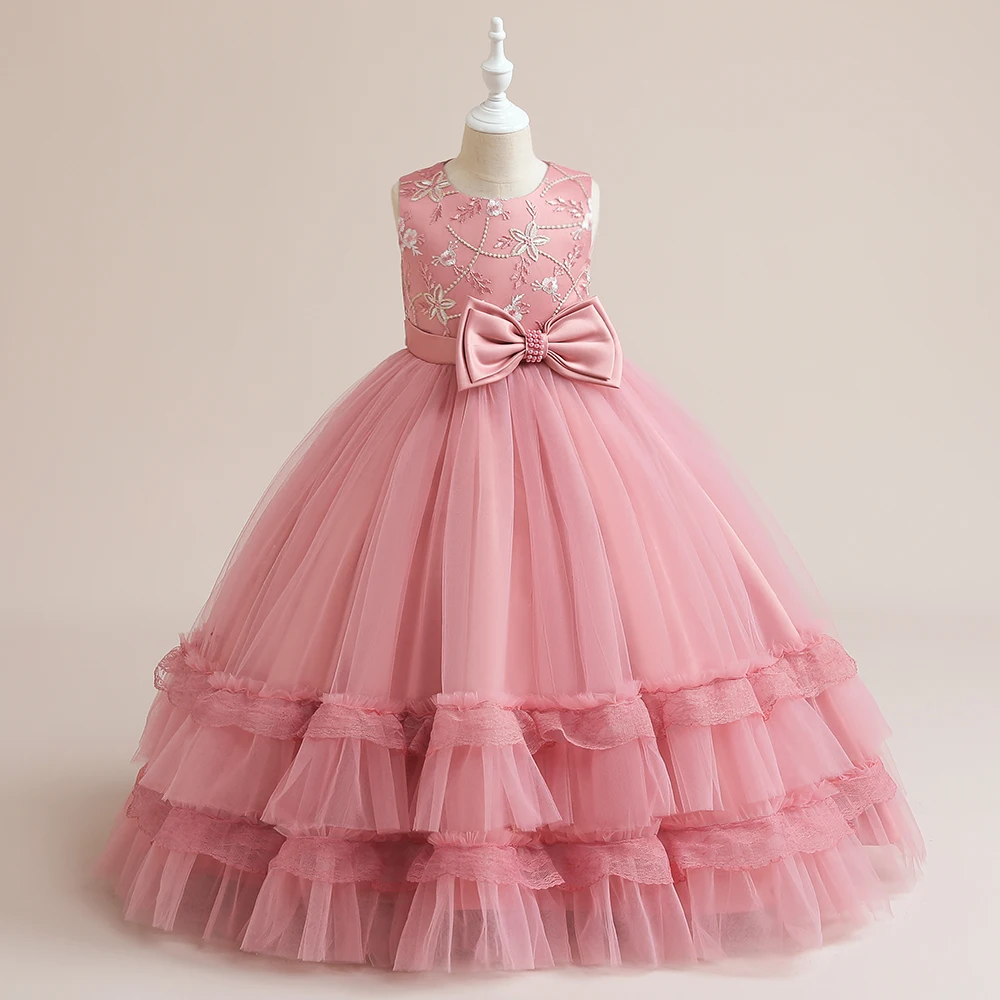 Розовое платье с вышивкой для девочек в цветочек, детский костюм с бантом, тюлевые длинные вечерние платья подружек невесты для девочек, платье для дня рождения, свадебное платье для выпускного вечера